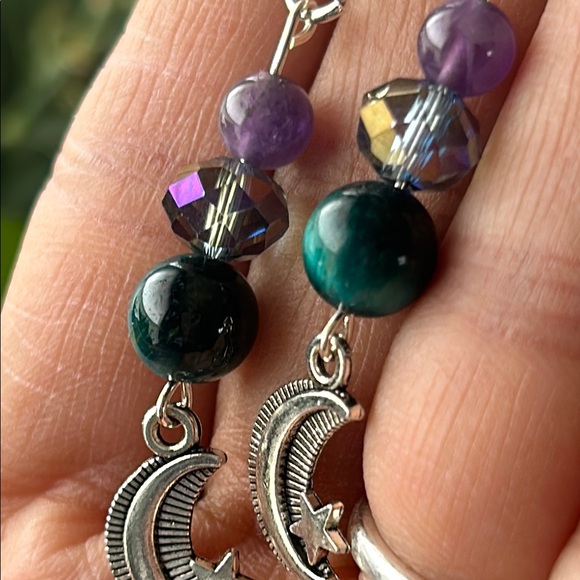 Handmade Amethyst + Blue Tigers Eye Moon Dangle Earrings - Picture 3 of 5